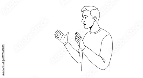 Young man gesturing while speaking in a conversational setting  