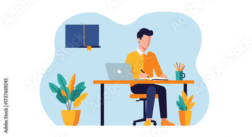 Vector Illustration of Freelancer or Student at Home Workspace
