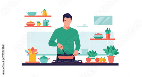 Man Cooking Dinner in the Kitchen Flat Design Illustration