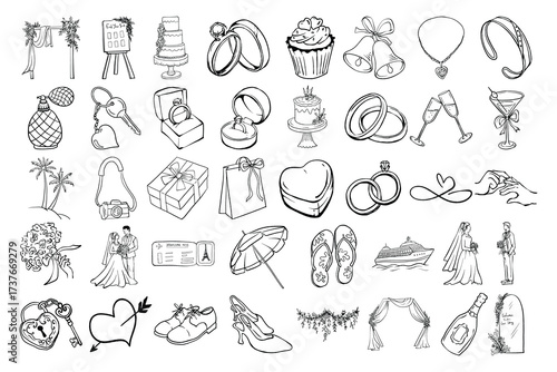 Hand-Drawn Wedding Elements Vector Set, Romantic Line Art Icons