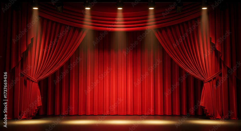 Fototapeta premium Theatrical Elegance: Red Curtains and Spotlight Illumination for a Grand Stage Performance a Captivating Setting for Drama Theatre Show Art Entertainment