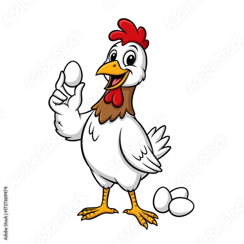 Happy cartoon chicken illustration holding an egg and giving a thumbs up with a few eggs nearby