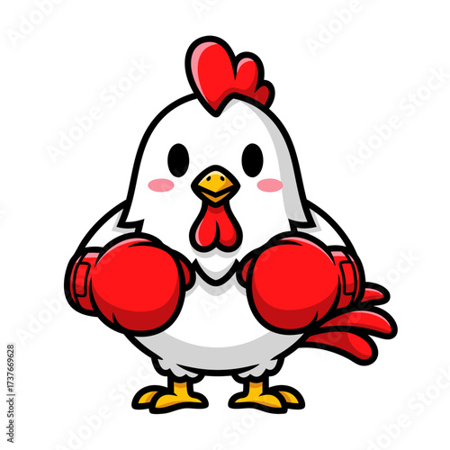 Cute Boxing Chicken Illustration with Red Gloves, Ready to Fight - Cartoon Style
