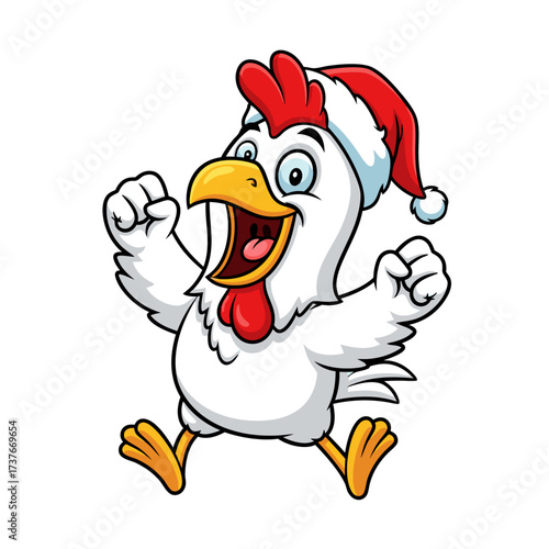 Cheerful cartoon chicken wearing a Santa hat, celebrating Christmas with excitement illustration