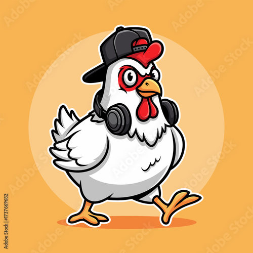 Cool Chicken Illustration Wearing Headphones and Cap, Cartoon Animal Character with a Hip Hop Vibe