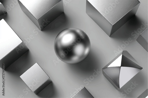Abstract geometric arrangement featuring a shiny sphere and sharp edged cubes on a plain background