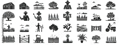 Agricultural and Farming Icons Collection Depicting Rural Scenes and Farming Activities in Black and White