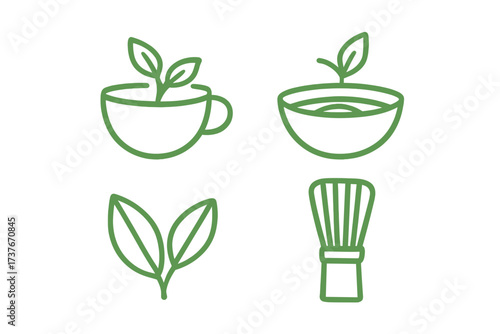 Minimalist green tea and matcha preparation with leaves, cup, bowl, and whisk