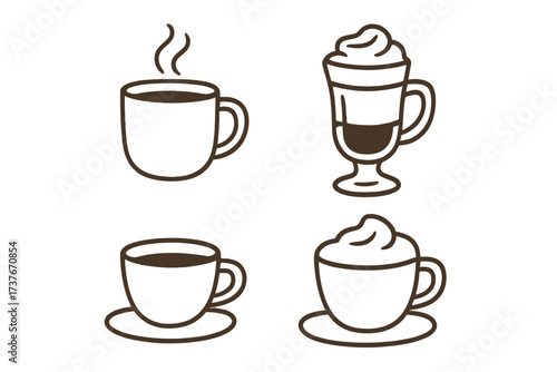 Collection of various coffee cups and mugs with hot beverages and whipped cream