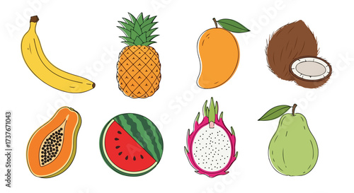 Vibrant Tropical Fruits Collection Banana Pineapple Mango Coconut Papaya Watermelon Dragon Fruit Guava Healthy Eating Summer Vibes Exotic Flavors Vector Illustration