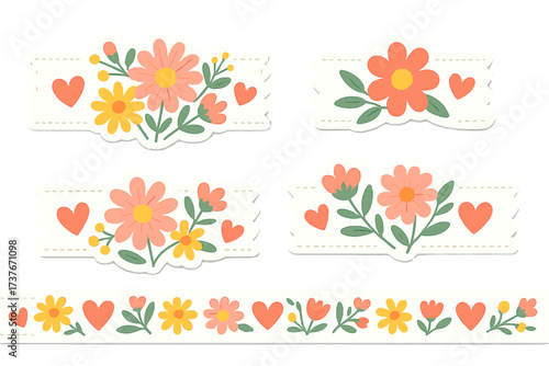 Cute floral borders with hearts and dashed lines for decorative design elements