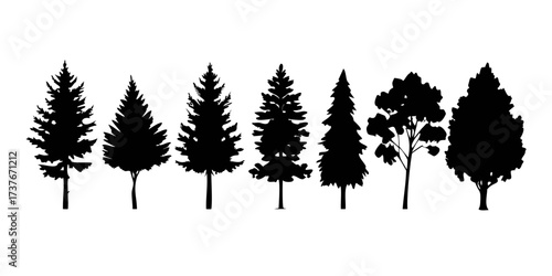 Tree silhouette icon collection, forest and pine tree vector set, nature foliage design bundle, simple black isolated tree shapes.