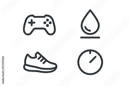 Modern outline icons representing gaming, hydration, fitness, and time management concepts
