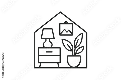 Minimalist home interior design featuring a nightstand, lamp, and potted plant within a house shape