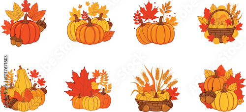 Autumn pumpkins, fall leaves, seasonal harvest, acorns and wheat, Thanksgiving decor, cozy illustration, festive nature design