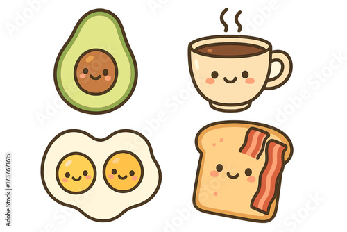 Adorable breakfast food items with smiling faces including avocado coffee egg and toast