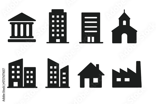 Collection of diverse building icons representing urban and suburban architecture