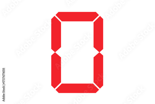 Red digital number zero on a seven segment display with geometric shapes and a modern design