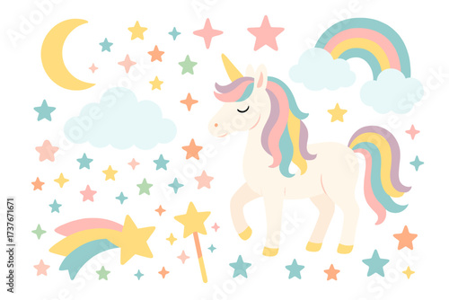 Magical unicorn with rainbow mane and tail surrounded by stars, clouds, and crescent moon