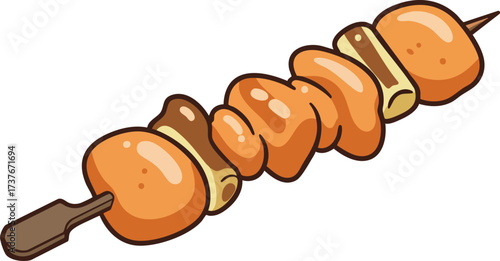 A cartoon illustration of a grilled Japanese yakitori skewer with chicken and vegetables.