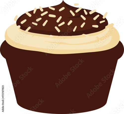 A delicious chocolate cupcake with two layers of frosting, one light-colored and one dark chocolate, topped with white sprinkles.