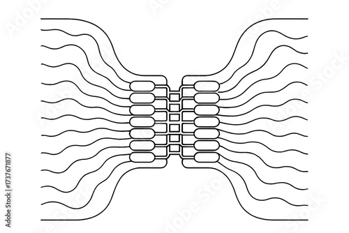 Abstract pattern of wavy lines connecting to a central hub of rectangular and oval shapes