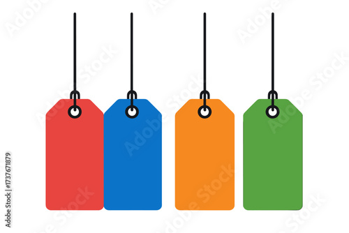 Colorful blank price tags hanging on strings for retail and marketing display