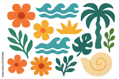 Vibrant tropical flowers, palm tree, ocean waves, and seashell elements