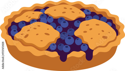A delicious cartoon illustration of a freshly baked blueberry pie with a golden crust and juicy filling.
