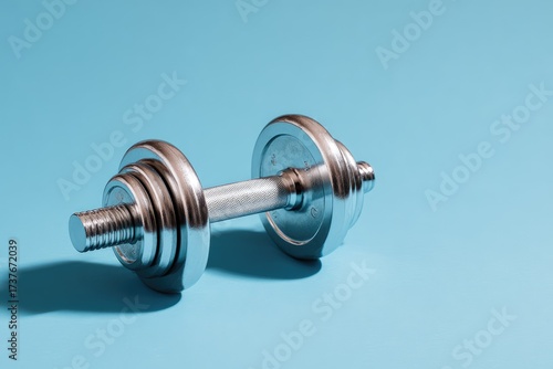Single dumbbell on minimalist background. Modern fitness concept for home workout and gym design.