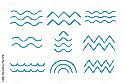 Abstract blue wave shapes and zigzag lines depicting dynamic water flow and movement