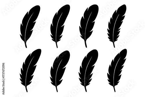 Collection of black feather silhouettes in various shapes and sizes on white background