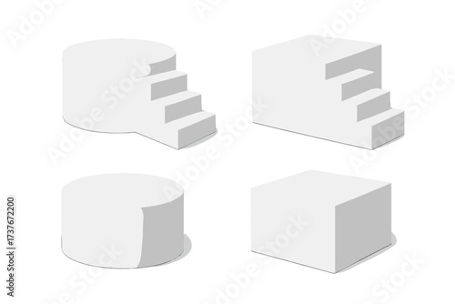 White geometric podiums and pedestals with stairs for product display or abstract presentation
