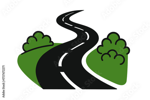 Winding road through a vibrant green landscape with rolling hills and lush bushes
