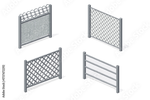 Isometric collection of various metal fences including chain link, barbed wire, and decorative panels