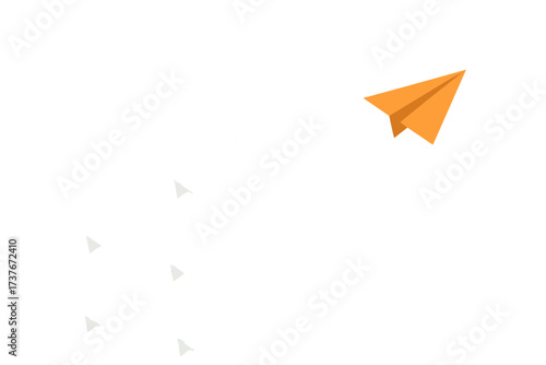 Orange paper plane flying forward, leaving a dotted trail, ahead of white planes