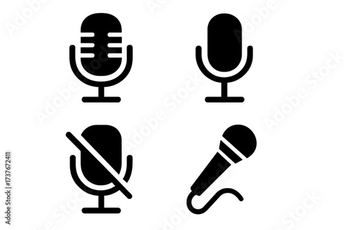 Set of microphone icons for audio recording voice communication and sound control