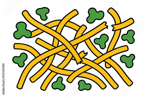 Stylized scattered yellow strips and organic green shapes on a clean white background