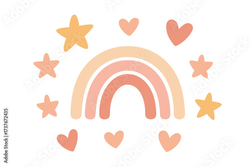 Soft pastel rainbow arch with scattered stars and hearts in a cute design