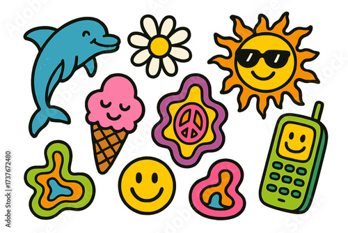 Colorful retro cartoon stickers with dolphin, sun, ice cream, and peace symbol