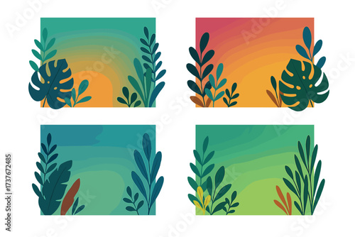 Set of colorful gradient frames adorned with lush tropical leaves and botanical elements