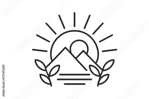 Minimalist mountain landscape with a radiant rising sun and natural foliage