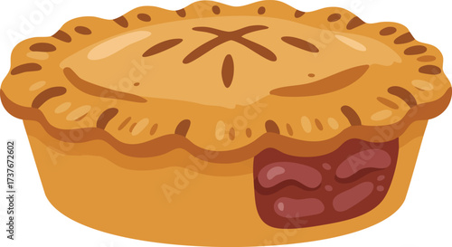 A delicious-looking, golden-brown baked pie with a flaky crust and a visible filling of red fruit.