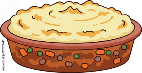 A cartoon illustration of a shepherd's pie or casserole dish with a golden mashed potato topping and a savory filling.