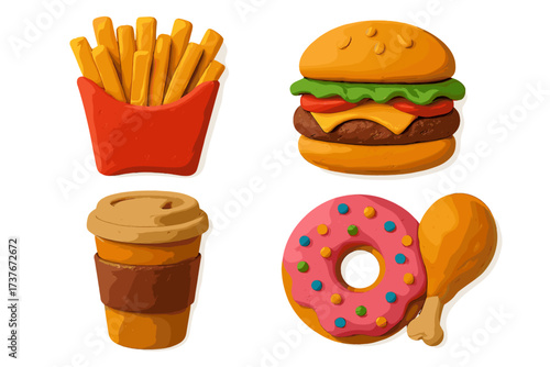 Playful clay art depiction of various popular fast food and drink options