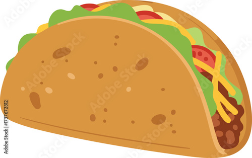 A delicious cartoon taco with a hard shell filled with meat, lettuce, tomatoes, and cheese on a white background.