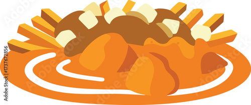 A delicious illustration of poutine, a classic Canadian dish featuring french fries, cheese curds, and gravy, served on a plate.