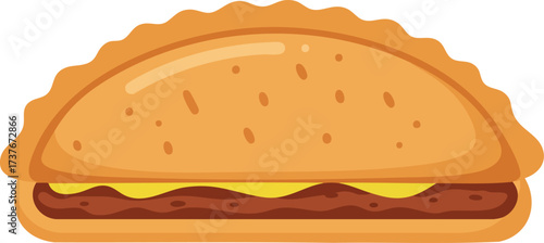 A cartoon illustration of a golden-brown empanada with a crimped edge, filled with meat and cheese, on a white background.