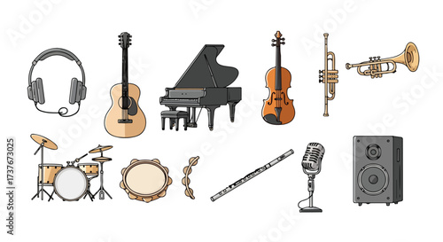 Colorful Collection of Musical Instruments and Audio Equipment Set Isolated Vector Illustrations