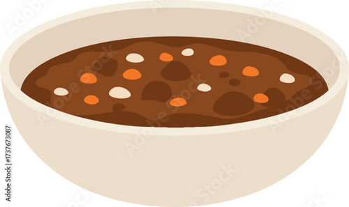 A simple illustration of a bowl filled with a thick, dark brown stew containing small pieces of vegetables.
